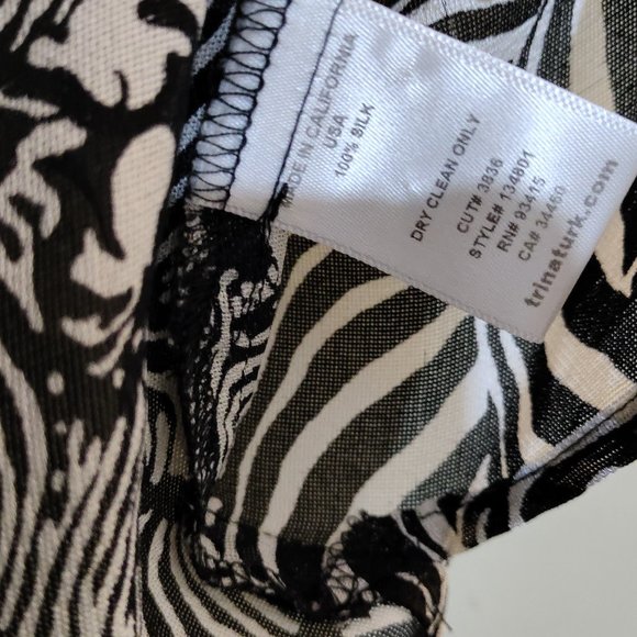 Trina Turk Black White Zebra Sheer Silk 3/4 Sleeve Tunic Top Size Small - Picture 6 of 6
